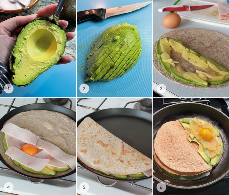 Plnená celozrnná tortilla vajcom a avokádom foto postup
